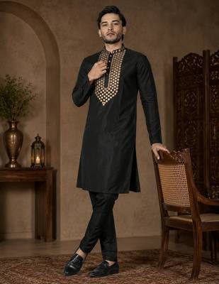 Black color elegant neck embroidery silk men's kurta payjama set 1