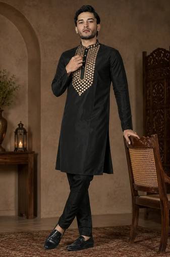 Black color elegant neck embroidery silk men's kurta payjama set