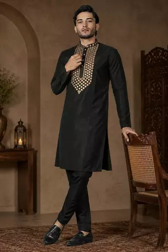 Black color elegant neck embroidery silk men's kurta payjama set