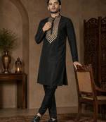 Black color elegant neck embroidery silk men's kurta payjama set