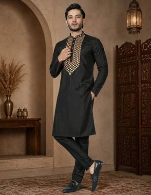Black color elegant neck embroidery silk men's kurta payjama set 2