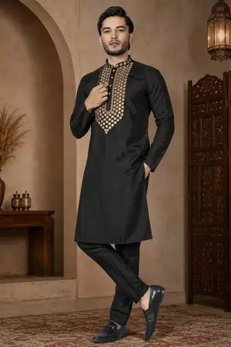 Black color elegant neck embroidery silk men's kurta payjama set