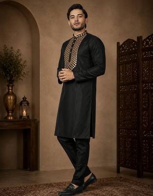 Black color elegant neck embroidery silk men's kurta payjama set 3