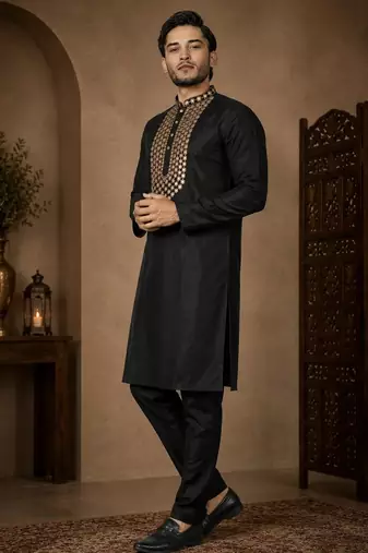 Black color elegant neck embroidery silk men's kurta payjama set