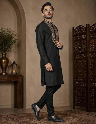 Black color elegant neck embroidery silk men's kurta payjama set 4