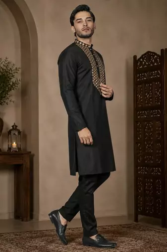 Black color elegant neck embroidery silk men's kurta payjama set
