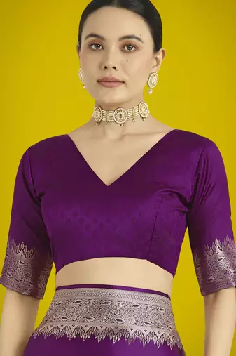 wine silk blend banarasi jacuard work saree with unstitched blouse piece