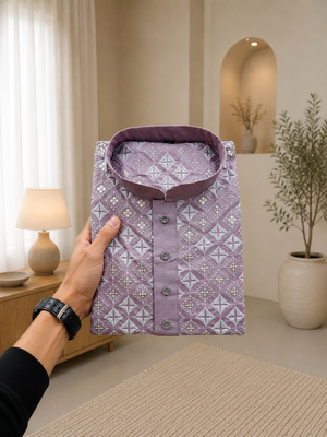 Lavender color white embroidery thread work with multi sequence silk men's kurta payjama set 4