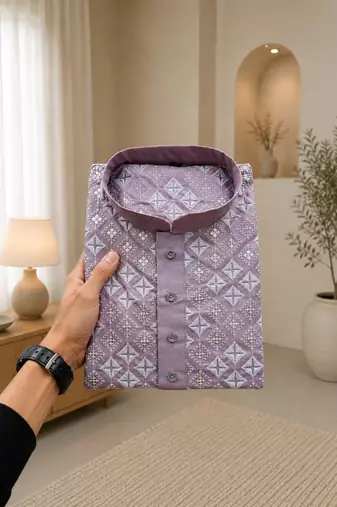 Lavender color white embroidery thread work with multi sequence silk men's kurta payjama set