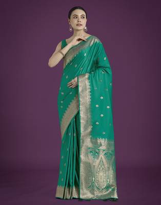 teal green silk blend banarasi jacuard work saree with unstitched blouse piece 1