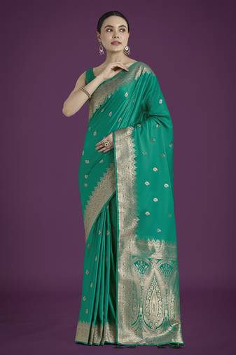 teal green silk blend banarasi jacuard work saree with unstitched blouse piece
