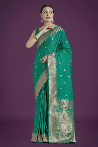 teal green silk blend banarasi jacuard work saree with unstitched blouse piece