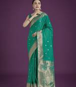 teal green silk blend banarasi jacuard work saree with unstitched blouse piece