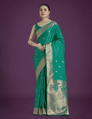 teal green silk blend banarasi jacuard work saree with unstitched blouse piece 2