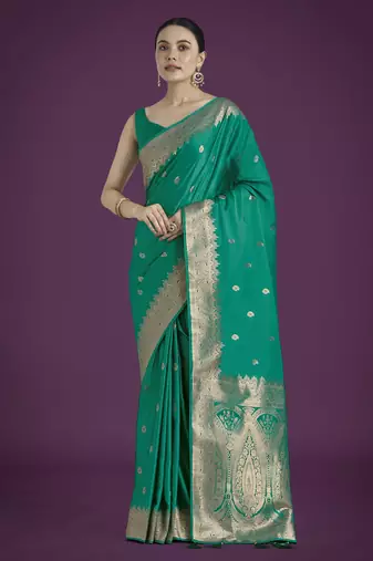 teal green silk blend banarasi jacuard work saree with unstitched blouse piece