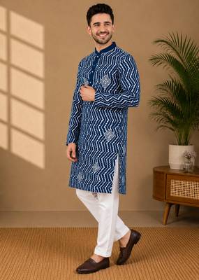 Teal color unique cross pattern white thread embroidery with silver sequence silk men's kurta payjama set 2