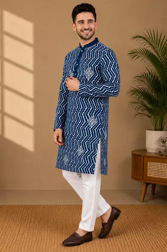 Teal color unique cross pattern white thread embroidery with silver sequence silk men's kurta payjama set