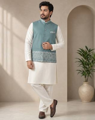 Off white-sky blue color embroidered daaman work shiny silk men's kurta payjama set 1