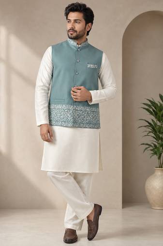 Off white-sky blue color embroidered daaman work shiny silk men's kurta payjama set