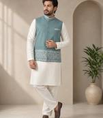 Off white-sky blue color embroidered daaman work shiny silk men's kurta payjama set