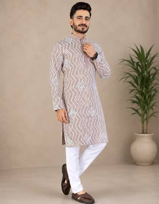 Color unique cross pattern white thread embroidery with silver sequence silk men's kurta payjama set 1