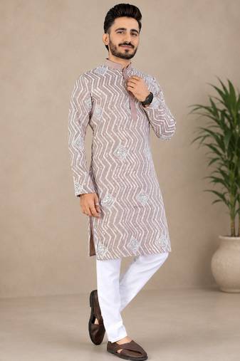 Color unique cross pattern white thread embroidery with silver sequence silk men's kurta payjama set