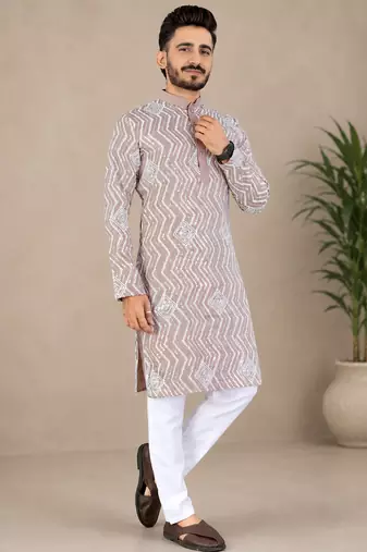 Color unique cross pattern white thread embroidery with silver sequence silk men's kurta payjama set