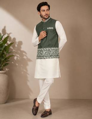 Off white-olive color embroidered daaman work shiny silk men's kurta payjama set 3
