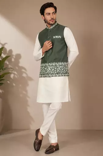 Off white-olive color embroidered daaman work shiny silk men's kurta payjama set