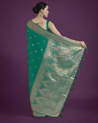 teal green silk blend banarasi jacuard work saree with unstitched blouse piece 3