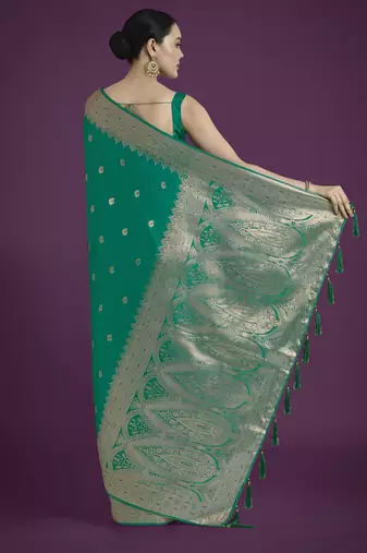 teal green silk blend banarasi jacuard work saree with unstitched blouse piece