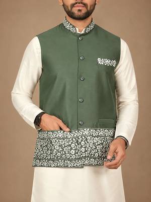 Off white-olive color embroidered daaman work shiny silk men's kurta payjama set 4