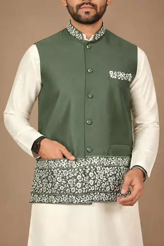 Off white-olive color embroidered daaman work shiny silk men's kurta payjama set