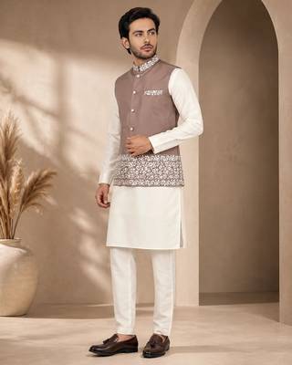 Off white-brown color embroidered daaman work shiny silk men's kurta payjama set 1