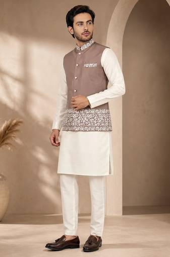 Off white-brown color embroidered daaman work shiny silk men's kurta payjama set