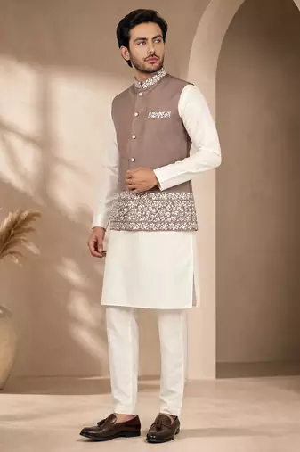 Off white-brown color embroidered daaman work shiny silk men's kurta payjama set