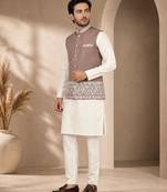 Off white-brown color embroidered daaman work shiny silk men's kurta payjama set