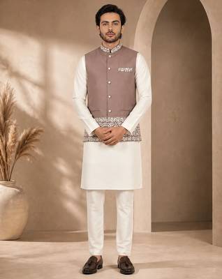 Off white-brown color embroidered daaman work shiny silk men's kurta payjama set 2