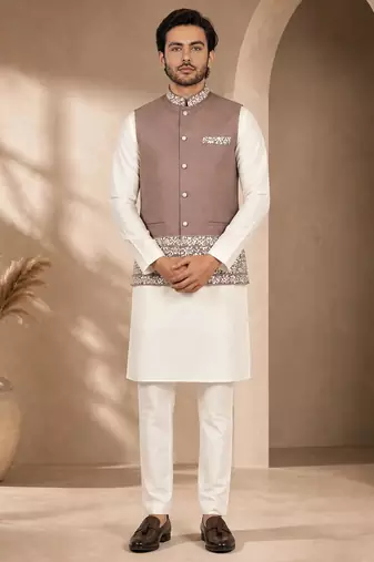 Off white-brown color embroidered daaman work shiny silk men's kurta payjama set