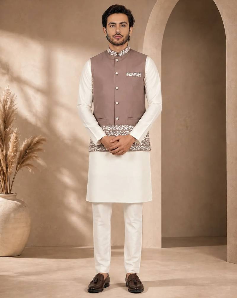 Off white-brown color embroidered daaman work shiny silk men's kurta payjama set