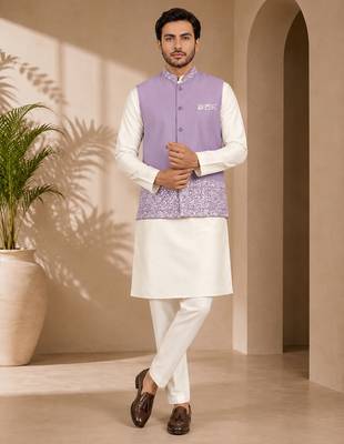 Off white-lavender color embroidered daaman work shiny silk men's kurta payjama set 3