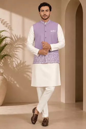Off white-lavender color embroidered daaman work shiny silk men's kurta payjama set
