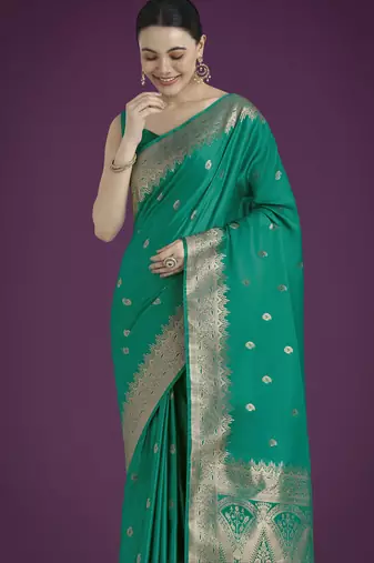 teal green silk blend banarasi jacuard work saree with unstitched blouse piece
