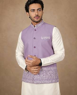 Off white-lavender color embroidered daaman work shiny silk men's kurta payjama set 4