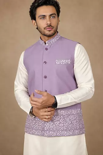 Off white-lavender color embroidered daaman work shiny silk men's kurta payjama set