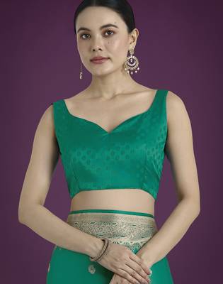 teal green silk blend banarasi jacuard work saree with unstitched blouse piece 5