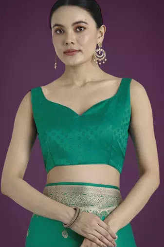 teal green silk blend banarasi jacuard work saree with unstitched blouse piece