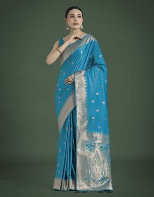 rama silk blend banarasi jacuard work saree with unstitched blouse piece 1
