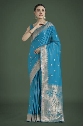 rama silk blend banarasi jacuard work saree with unstitched blouse piece