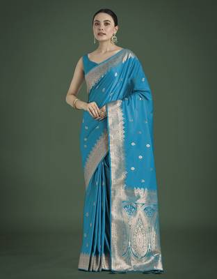rama silk blend banarasi jacuard work saree with unstitched blouse piece 2